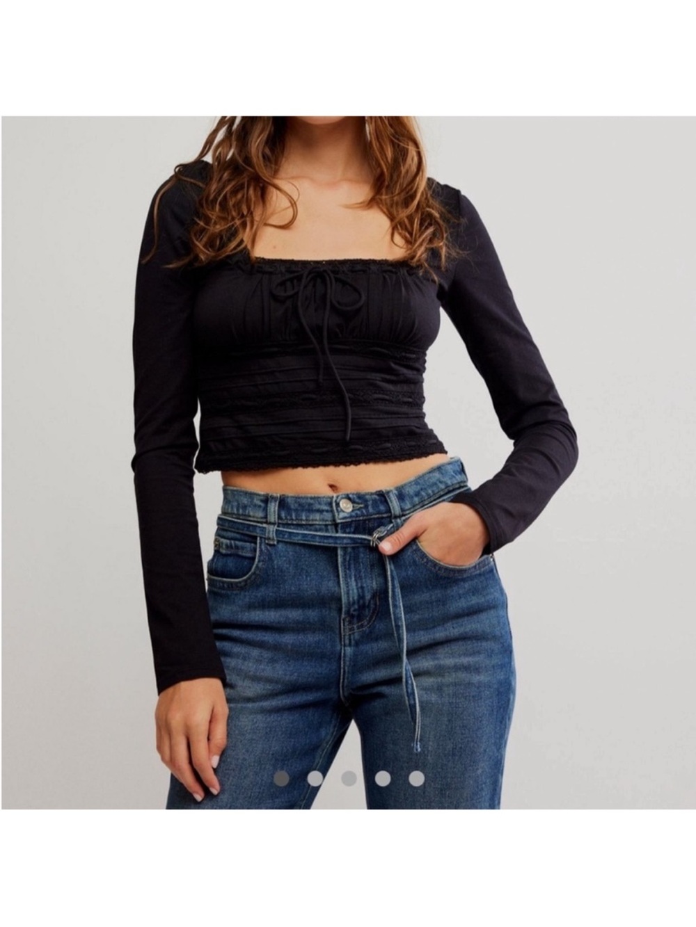 FREE PEOPLE Scarlet Smocked Top Black Square-Neck Ruched Long-Sleeve Top